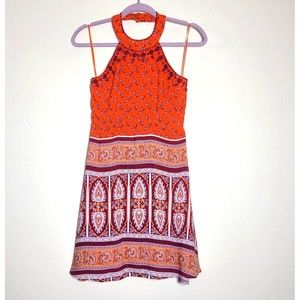 Alya Cody Halter Dress Size XS Orange Boho Lotus Embroidered Lined Hippie EUC